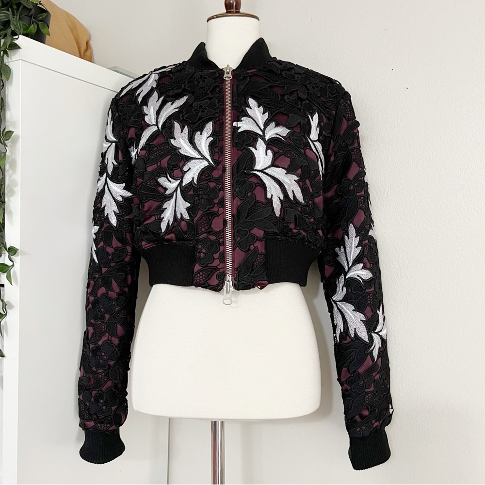 Self-Portrait Black Bomber Jacket with White Floral Embroidery and Burgundy Trim - Picture 5 of 12
